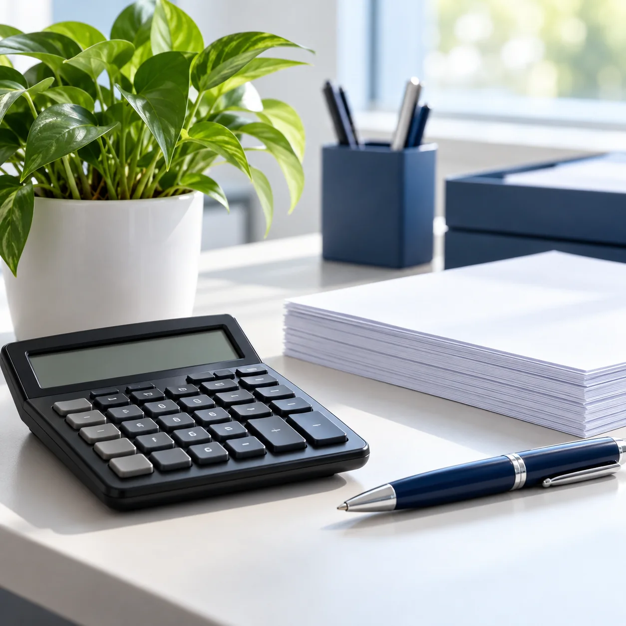 Calculator, paperwork, blue pen and green potted plant on an organised office desk